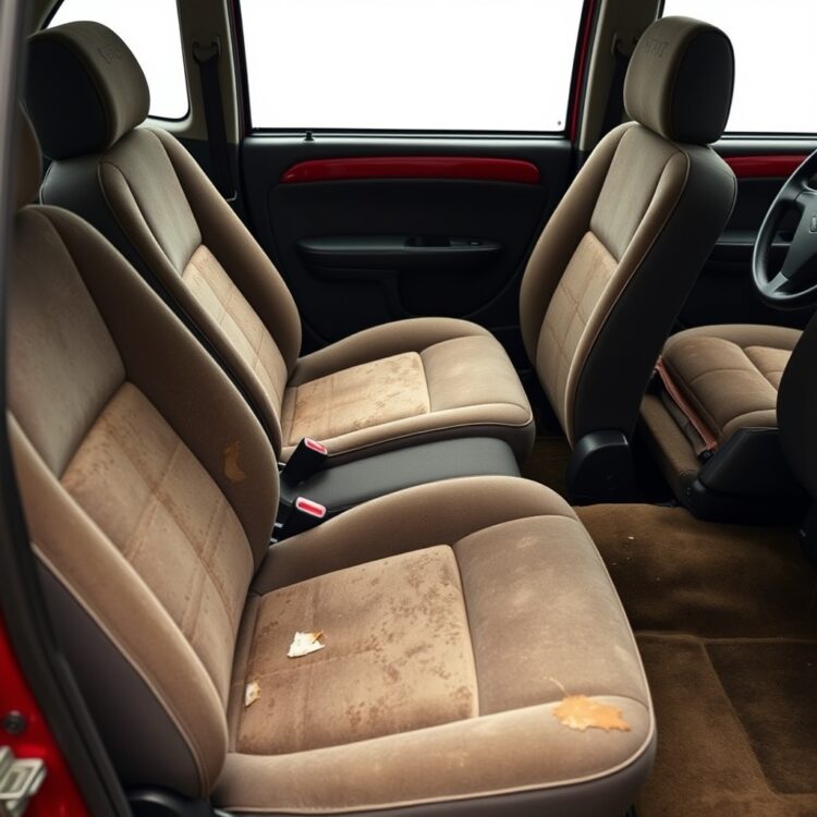 A professional stock photo of a Suzuki Alto's interior showing signs of wear and tear such as carpet wear and seat damage, focusing on the details without any text.