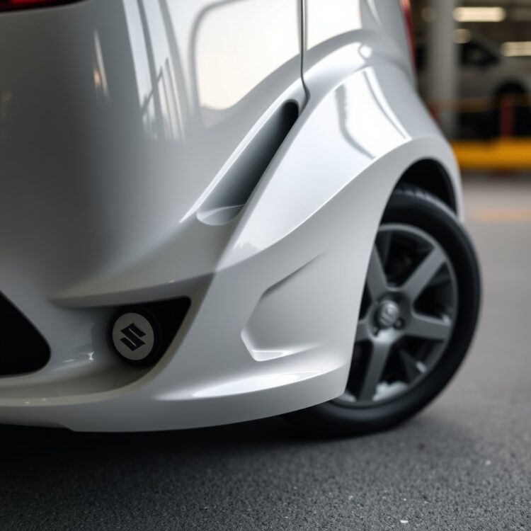 A close-up of a Suzuki Alto's aerodynamic design features, such as its smooth body lines and compact shape, highlighting how design enhances fuel efficiency.
