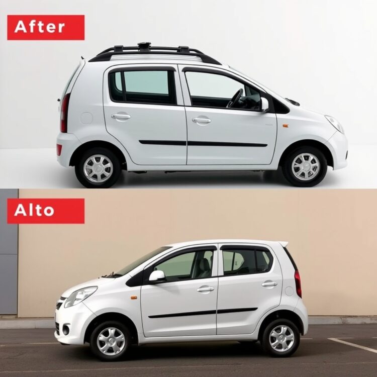 A Suzuki Alto with aftermarket accessories like roof racks and spoilers, contrasted with a stock model, illustrating how modifications can affect mileage.