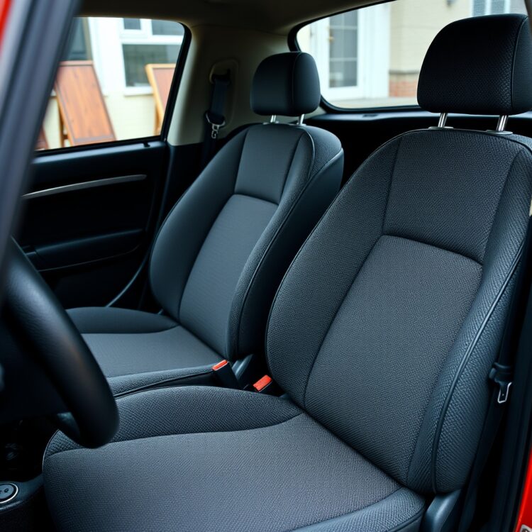 A close-up of a Suzuki Alto's interior showing cheap materials and limited space, highlighting the lack of advanced features in a professional stock photo style.