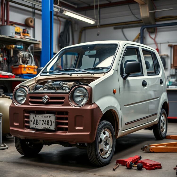 A professional stock photo of a Suzuki Alto in a repair shop, focusing on common mechanical and electrical issues, with tools and parts visible.