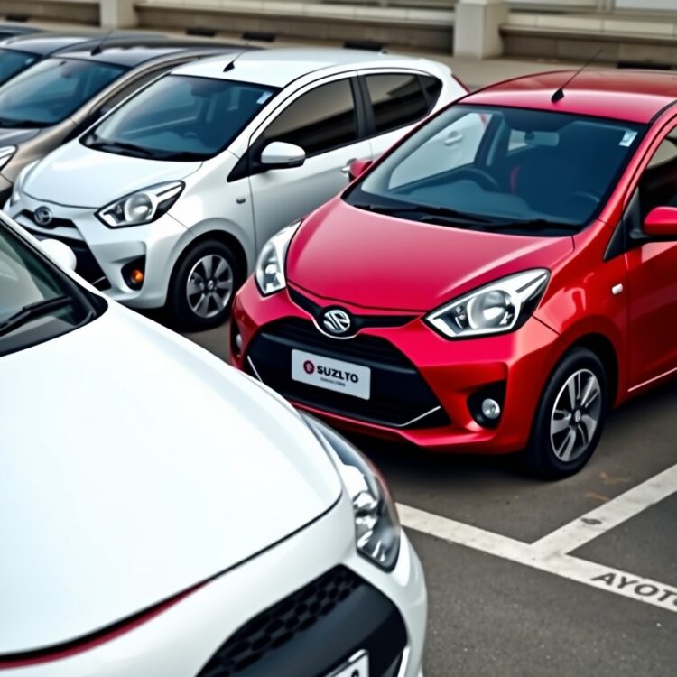 A professional stock photo of a Suzuki Alto parked next to competitors like Hyundai i10 and Toyota Aygo, emphasizing market position and value proposition.