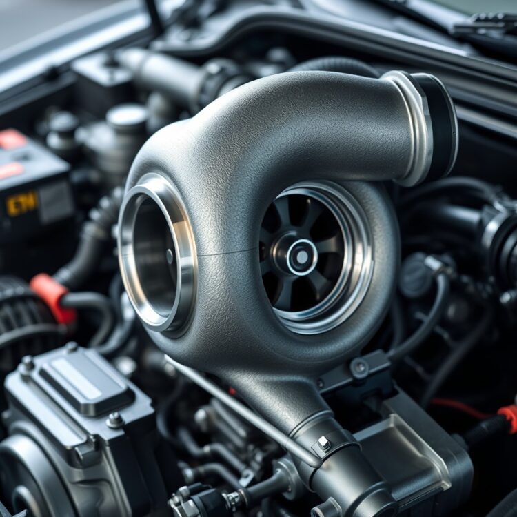 A high-performance turbocharger installed in a car engine, showcasing its intricate design and metallic sheen under professional lighting.