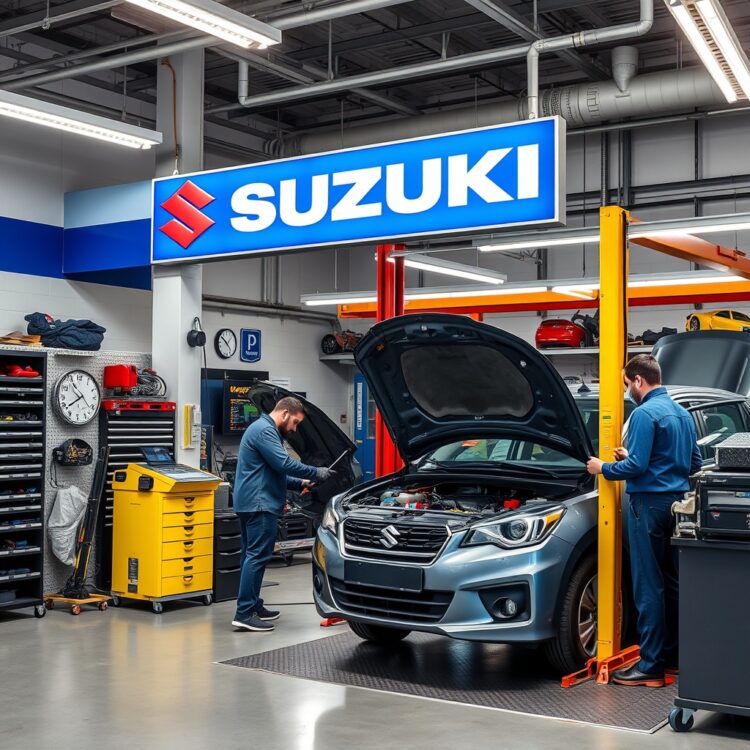 A professional stock photo of a Suzuki service center with mechanics working on a car, showcasing parts availability and labor in a clean, modern garage setting.