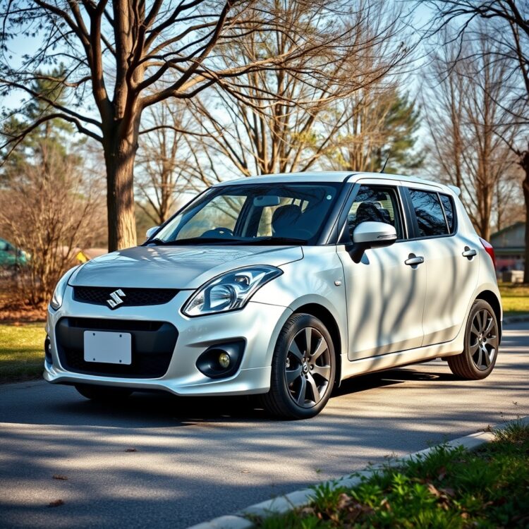 A professional stock photo of a well-maintained Suzuki car parked in a serene environment, highlighting the importance of regular maintenance and seasonal care.
