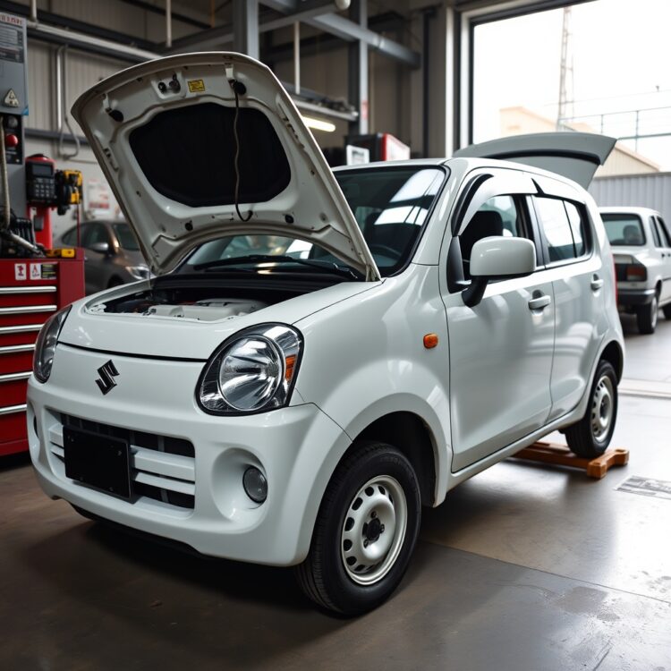 A professional stock photo of a Suzuki Alto undergoing routine maintenance at a service center, highlighting the ease and affordability of upkeep.
