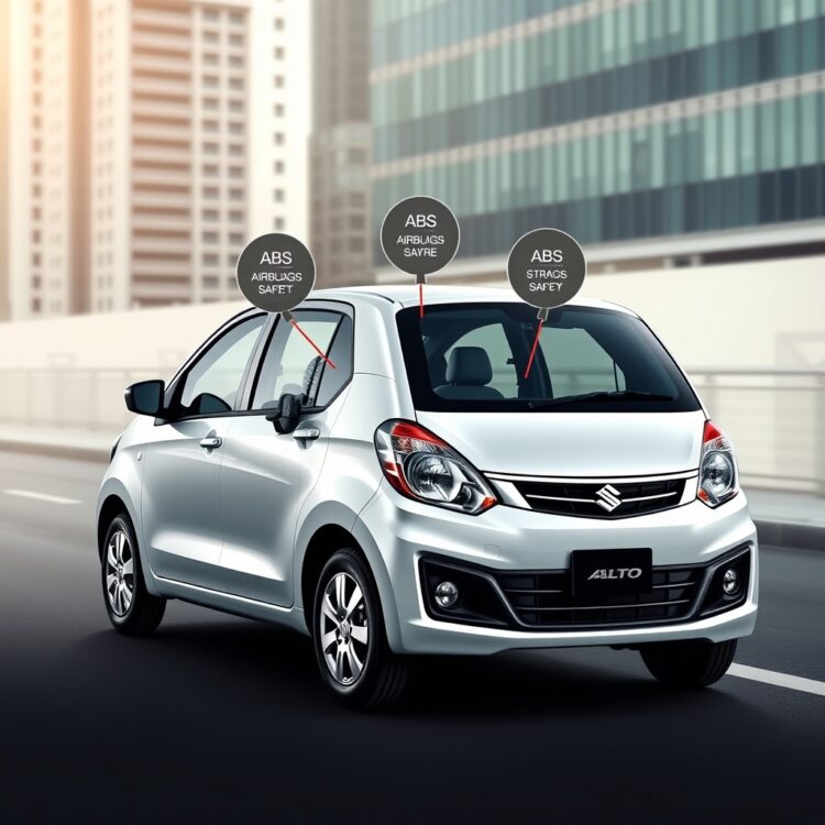 A high-quality stock image of a Suzuki Alto showcasing its safety features, such as airbags and ABS, in a sleek, urban setting.