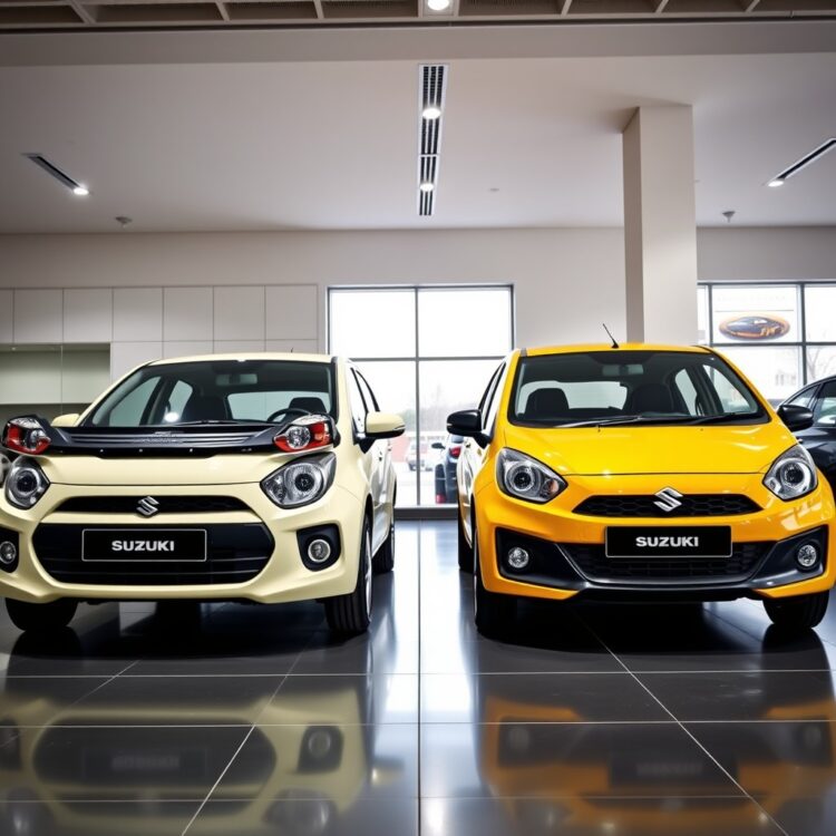 A professional stock photo comparing the Suzuki Alto side by side with its main competitors in a well-lit showroom environment.
