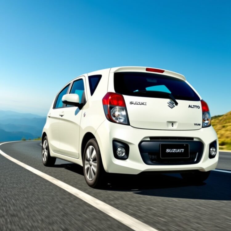 A sleek Suzuki Alto driving on a scenic mountain road, showcasing its performance and handling under clear blue skies.