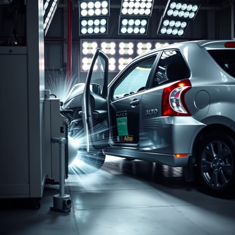 A close-up of a Suzuki Alto undergoing a safety crash test, highlighting its reliability and safety features in a controlled environment.