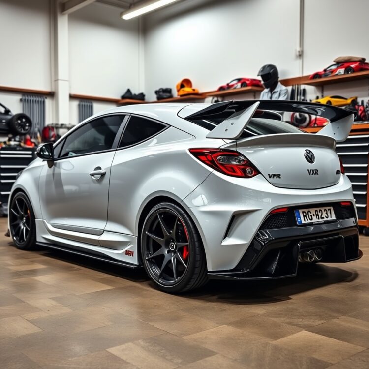 A modified Corsa VXR with aftermarket parts, parked in a garage setting with tools and performance accessories visible in the background.