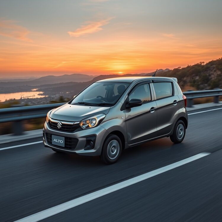 A sleek Suzuki Alto cruising smoothly on a scenic highway during sunset, showcasing its performance and stability on long drives.