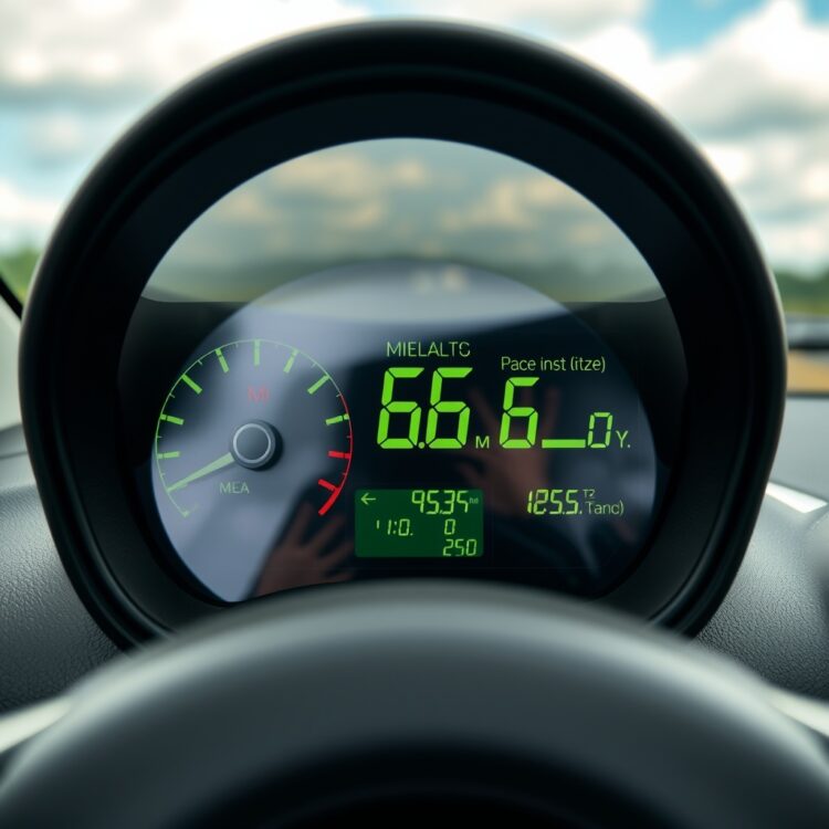 A close-up of a Suzuki Alto's dashboard displaying excellent fuel efficiency metrics, with a scenic road blur in the background, emphasizing mileage and environmental impact.