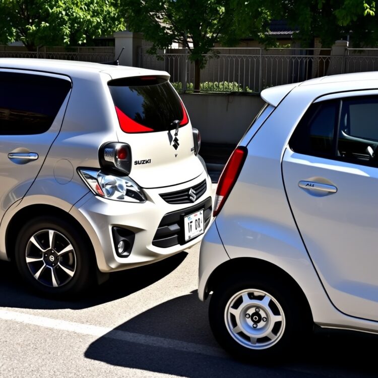 A sleek, modern Suzuki Celerio parked next to a classic Suzuki Alto on a sunny day, highlighting their design differences.