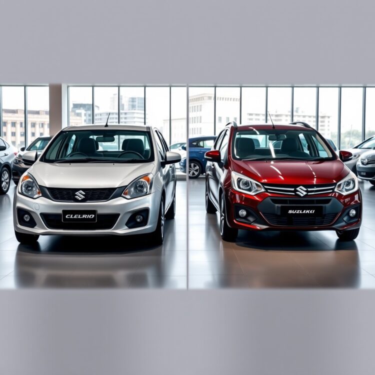 A dynamic side-by-side comparison of the Suzuki Celerio and its closest competitors in a well-lit showroom setting.