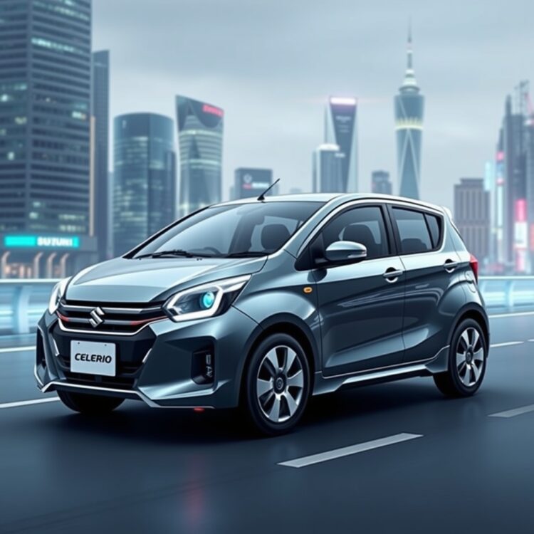 A futuristic concept image of the Suzuki Celerio with advanced technology features, set against a backdrop of a digital cityscape.