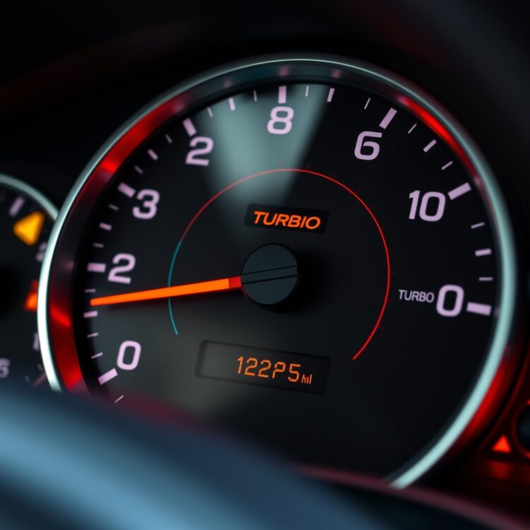 A detailed close-up of a car's dashboard showing the fuel gauge and maintenance warning lights, with a focus on the turbo indicator.