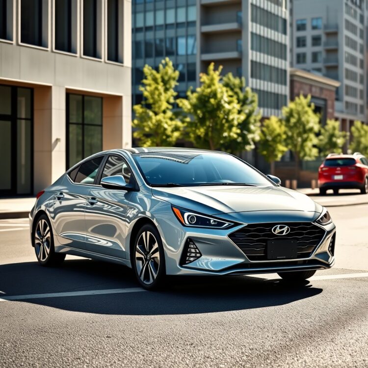 A sleek 2025 Hyundai Elantra parked on a modern city street, showcasing its design and comfort features under natural daylight, with a focus on the car's exterior and interior aesthetics.