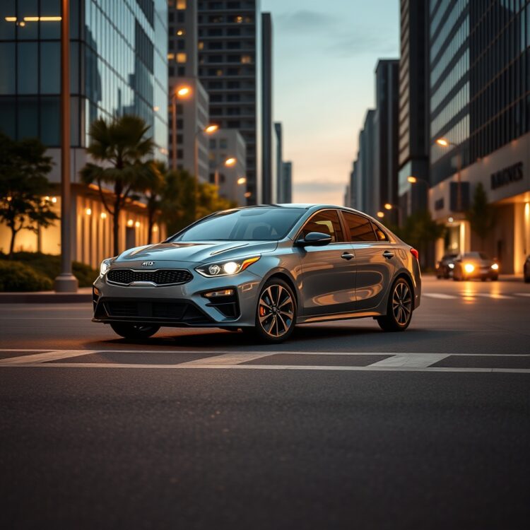 A 2024 Kia Forte in a dynamic urban setting, highlighting its price point and standard features, with the car positioned as the centerpiece under soft evening lighting.