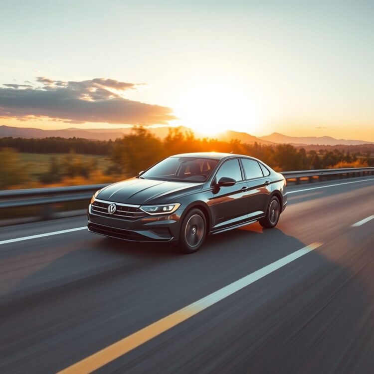A 2025 Volkswagen Jetta in motion on a scenic highway, emphasizing its German engineering, efficiency, and performance, captured during golden hour for a warm, professional look.