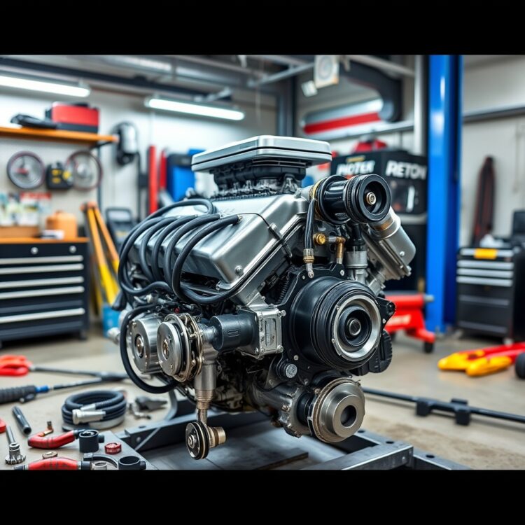 A professional stock photo of a car engine being tuned in a garage, with tools and parts laid out, emphasizing performance enhancements for small engines.