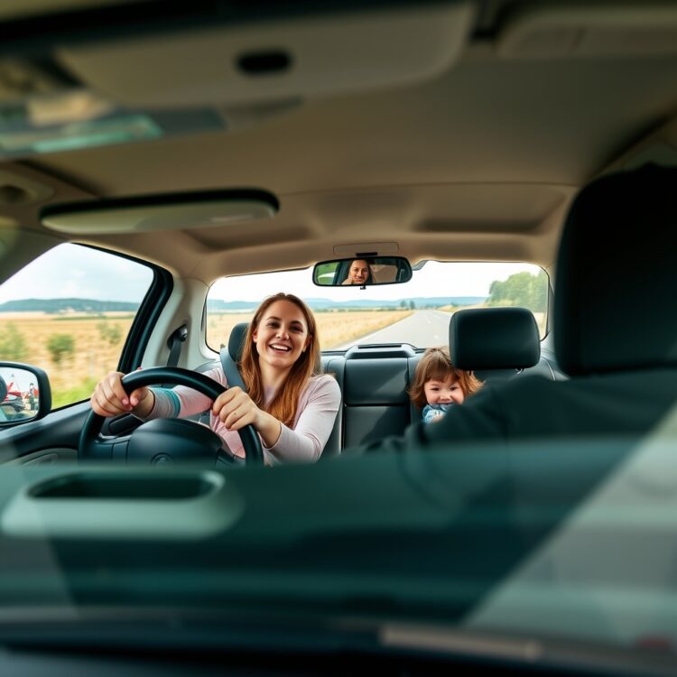 A professional stock photo depicting a happy family or individual driving a compact car in a city or countryside, showcasing the daily use of 1-litre engine cars.