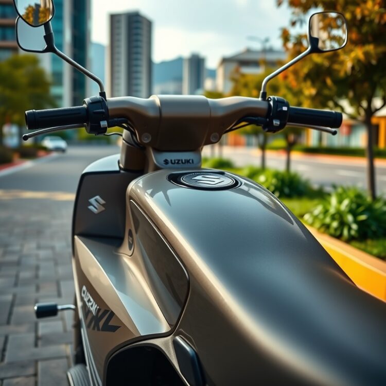 A sleek, modern Suzuki Cultus VXL parked in a scenic urban setting, highlighting its fuel efficiency with a focus on the fuel tank area and eco-friendly design elements.
