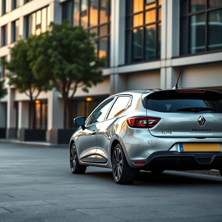 A high-quality, professional stock photo of a Renault Clio parked in a modern urban setting, showcasing its sleek design and reliability without any text.