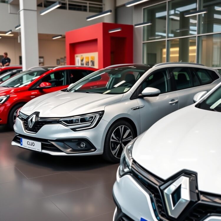 A professional stock photo featuring a lineup of the most reliable Renault cars, including the Clio, Megane, and Grand Scenic, in a showroom setting, no text.
