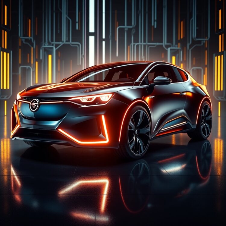 A sleek, futuristic electric car concept with dynamic lighting, symbolizing the potential comeback of Vauxhall's VXR in an electrified form, set against a high-tech background.