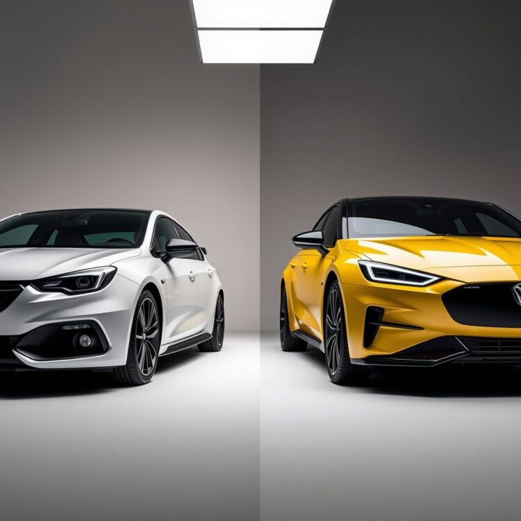 A side-by-side comparison of a classic Vauxhall VXR model and a modern electric performance car, highlighting the evolution of design and technology in a studio setting.