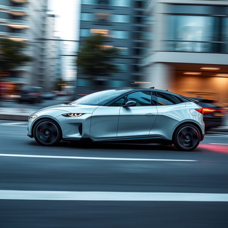 A dynamic, high-energy image of an electric vehicle in motion, showcasing advanced aerodynamics and performance features, set against a blurred urban backdrop to emphasize speed and innovation.