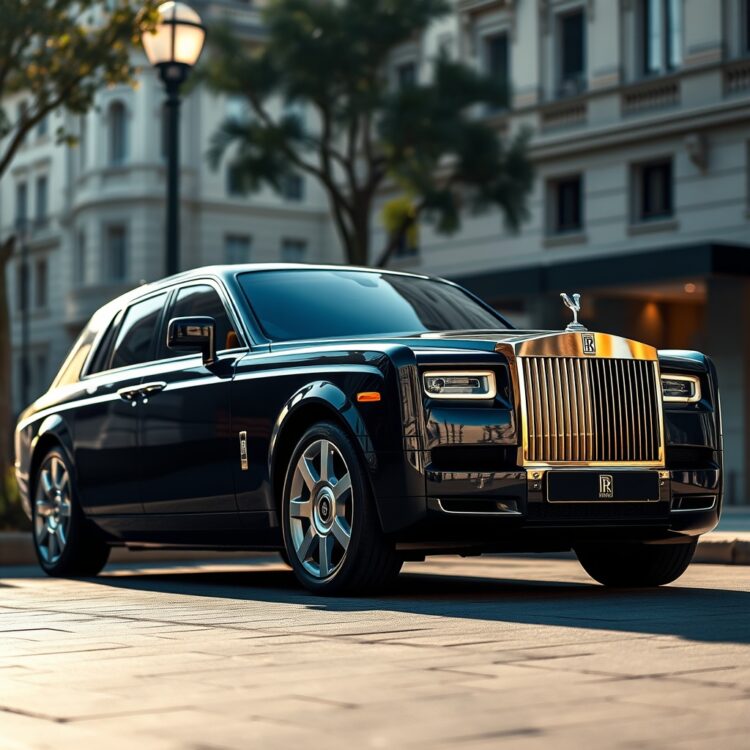 A sleek, luxurious Rolls-Royce Phantom parked in an elegant urban setting, showcasing its iconic design and aesthetic appeal under soft, natural lighting.