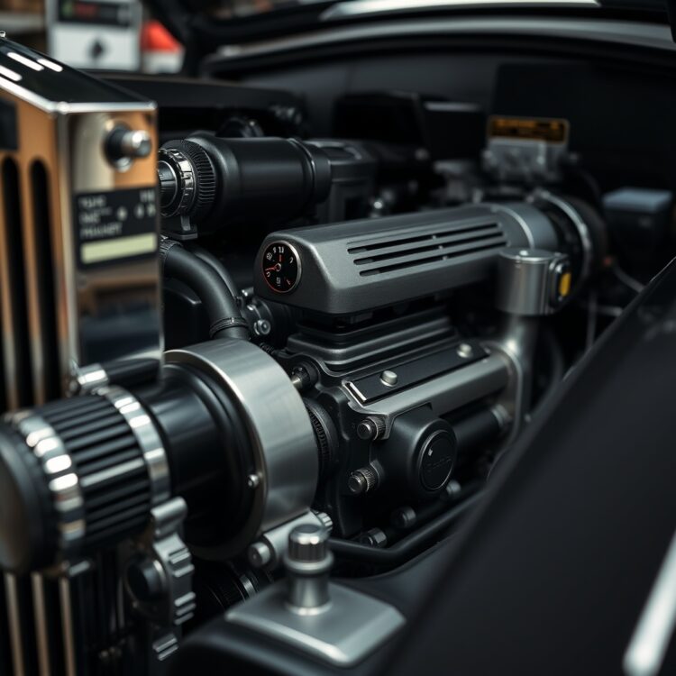 A detailed close-up of the Rolls-Royce Phantom's engine and technical components, highlighting its advanced engineering and craftsmanship in a high-end garage setting.