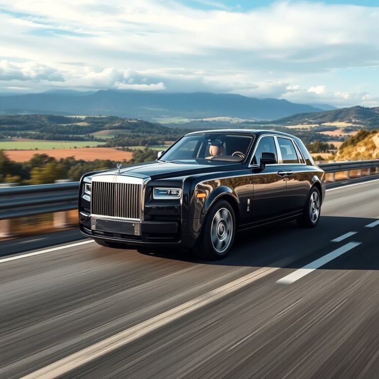 A Rolls-Royce Phantom in motion on a scenic highway, emphasizing its smooth ride and advanced safety features with a focus on the vehicle's dynamic performance.