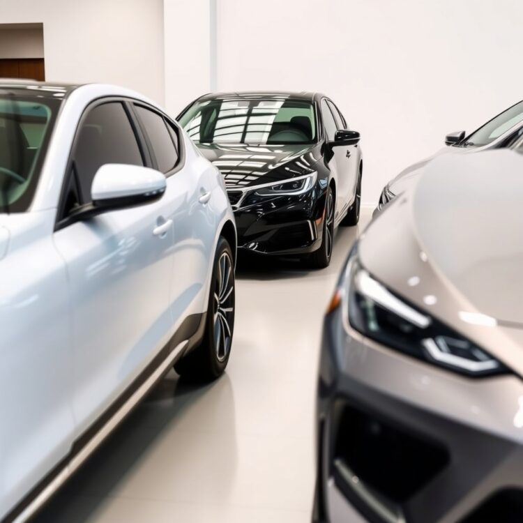 A sleek lineup of modern cars showcasing the most popular colours: white, black, and gray/silver, parked in a well-lit showroom with a minimalist background.