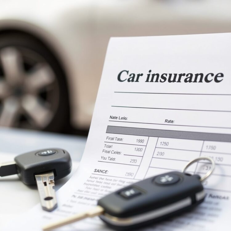 A close-up of a car insurance document next to a set of car keys, with a blurred background of a car in a neutral color, emphasizing the concept of insurance rates and car color.