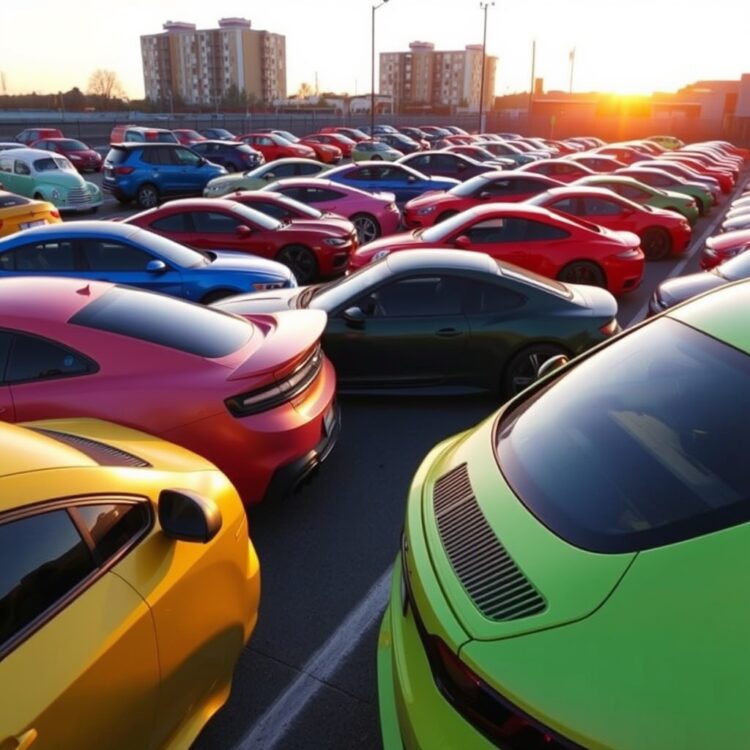 A vibrant display of cars in bold and unique colors, including matte finishes and pearlescent options, parked in an urban setting during golden hour for a dynamic look.