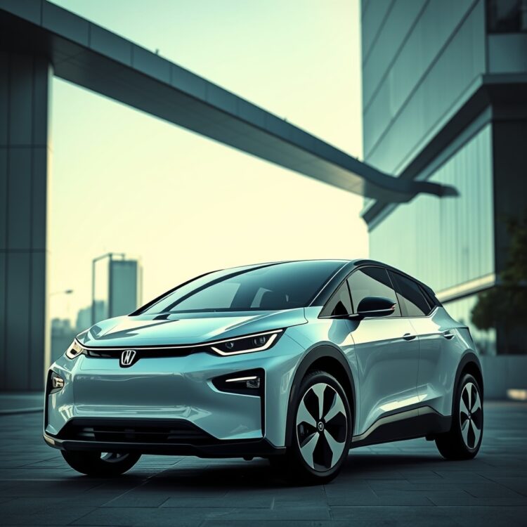 A sleek, modern electric vehicle parked in a futuristic urban setting, highlighting its innovative design and technology under soft daylight.