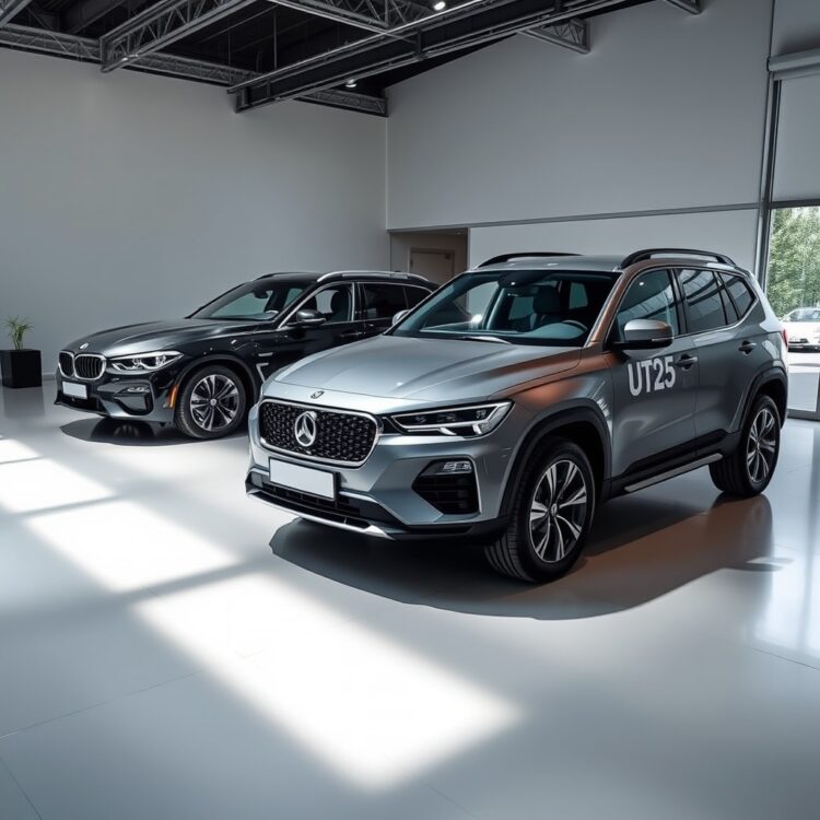 A high-end sedan and a rugged SUV side by side in a showroom, showcasing their distinct designs and features under professional lighting.