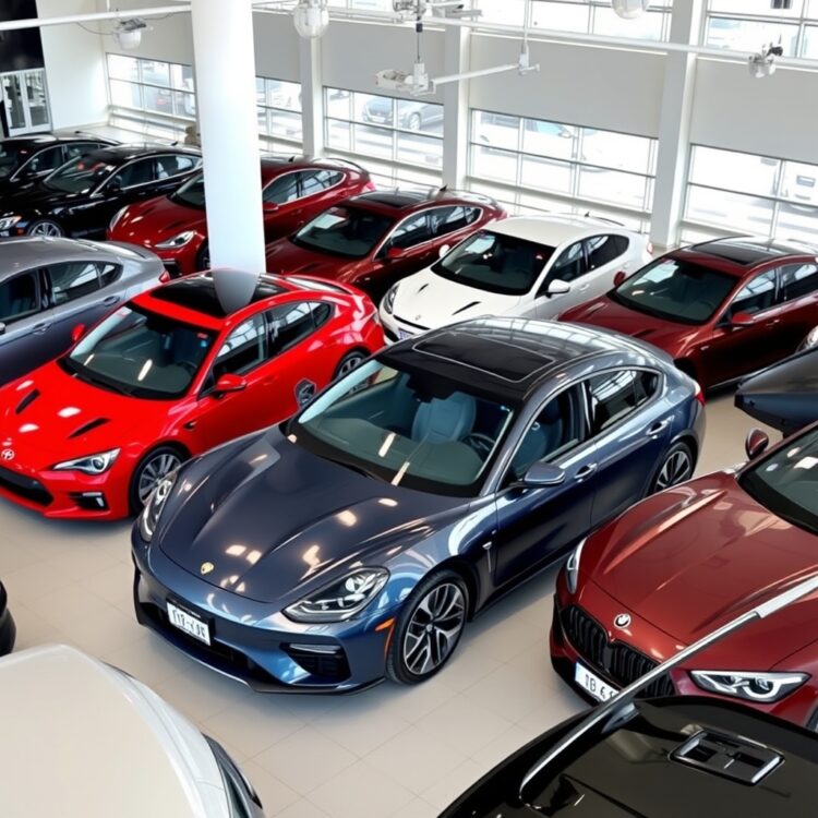 A diverse lineup of cars from different brands displayed in a spacious, well-lit dealership, representing various price points and styles.