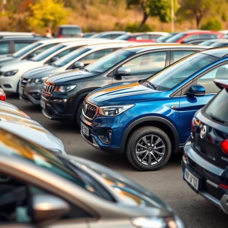 A professional stock photo featuring a lineup of various second-hand cars including sedans, SUVs, and hatchbacks, showcasing their condition and appeal without any text.
