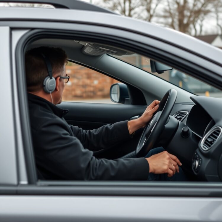 A professional stock photo of a person conducting a test drive in a second-hand car, focusing on the interaction between the driver and the vehicle, with no text.