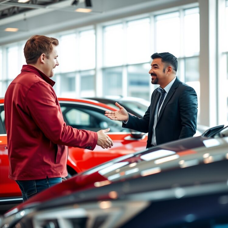 A professional stock photo depicting a negotiation scene between a car buyer and a seller at a dealership, highlighting the exchange without any text.