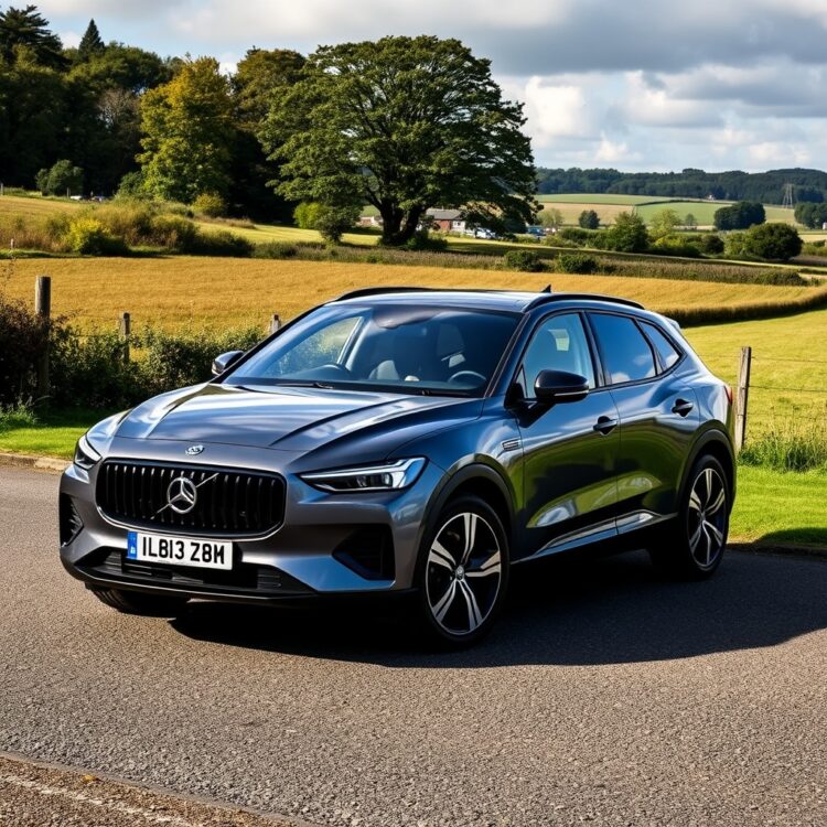 A sleek, modern car parked in a scenic UK countryside setting, showcasing its design and features under natural lighting.
