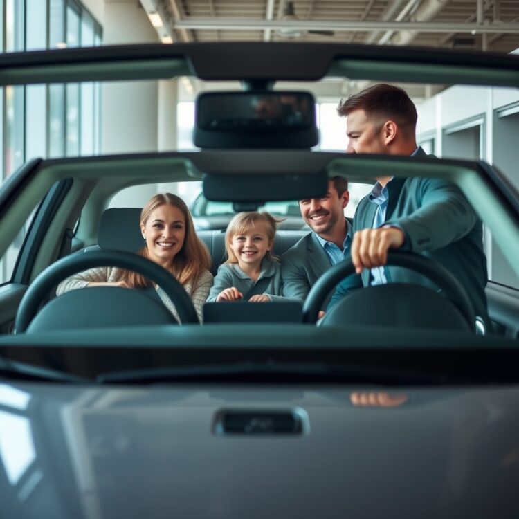 A happy family test driving a car in an urban dealership, focusing on their interaction with the vehicle and the salesperson.