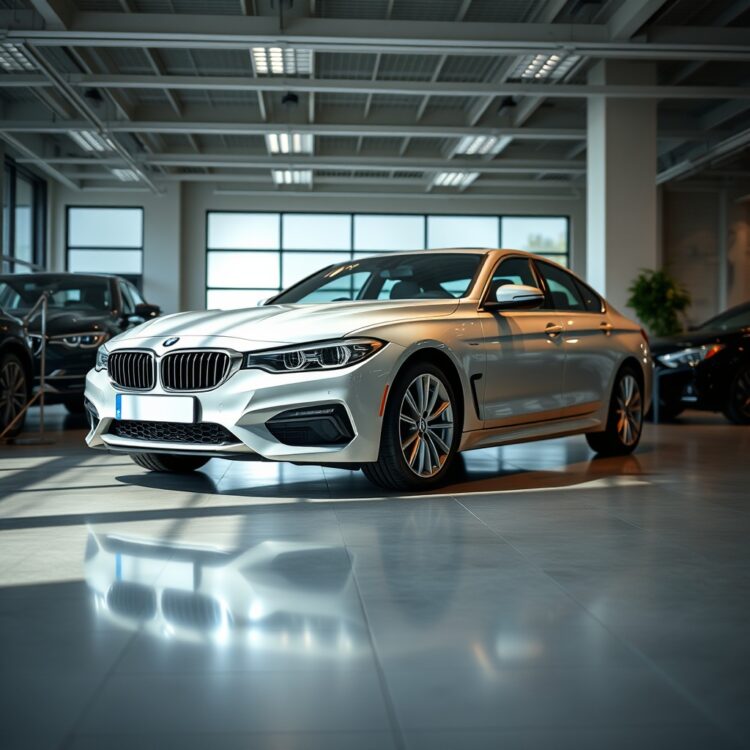A well-maintained used car displayed in a professional showroom with soft lighting highlighting its condition and appeal.