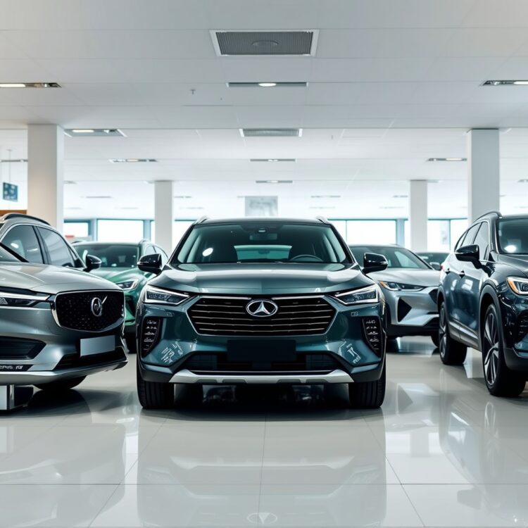 A sleek lineup of the most reliable car brands in 2024, showcasing their latest models under bright showroom lighting, emphasizing their quality and durability without any text.