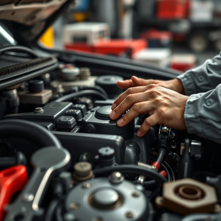 A detailed close-up of a mechanic's hands working on a car engine, with tools neatly arranged around, symbolizing maintenance and reliability in a professional garage setting, no text included.