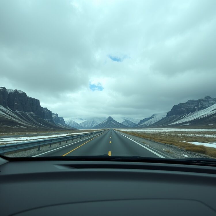 A scenic road trip view through a car windshield, highlighting diverse geographic landscapes and weather conditions affecting car reliability, with a focus on the journey ahead, text-free.